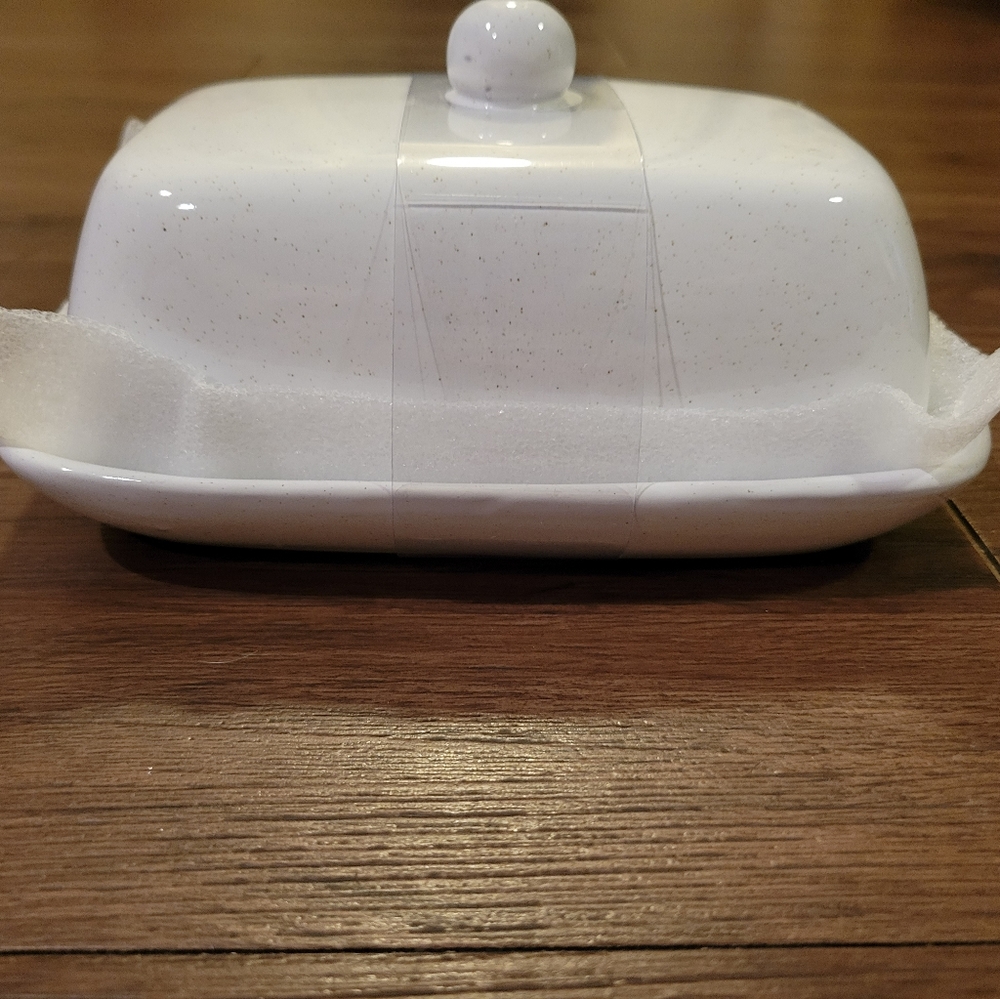 White Ceramic Butter Dish With Brown Speckles